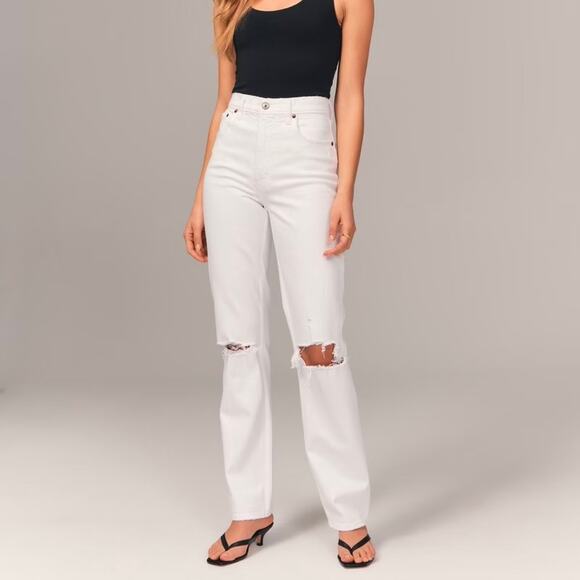 ABERCROMBIE The 90s Straight Ultra High Rise Destroyed Jeans White 34 Short - Picture 12 of 12
